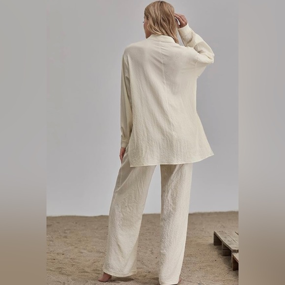 Floerns Women's 2 Piece Outfits Slit Hem Longline Blouse and Wide Leg Pants Set - Picture 5 of 5